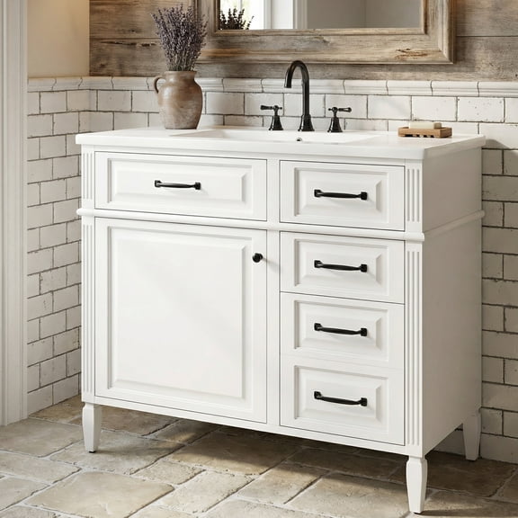 36" Bathroom Vanity with Ceramic Sink, Freestanding Vanity Cabinet with 4 Drawers and 1 Cabinet Door with Built-in Double Shelves, White