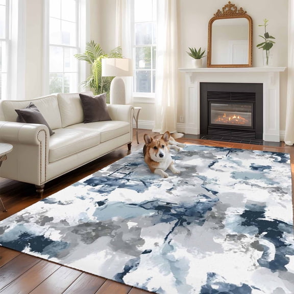 Abstract Watercolor Large Area Rugs 8x10 ft Gray Blue White Color Block Gradient Washable Rug Non Slip Indoor Carpet Absorbent Floor Mat for Living Room Bedroom Dining Room