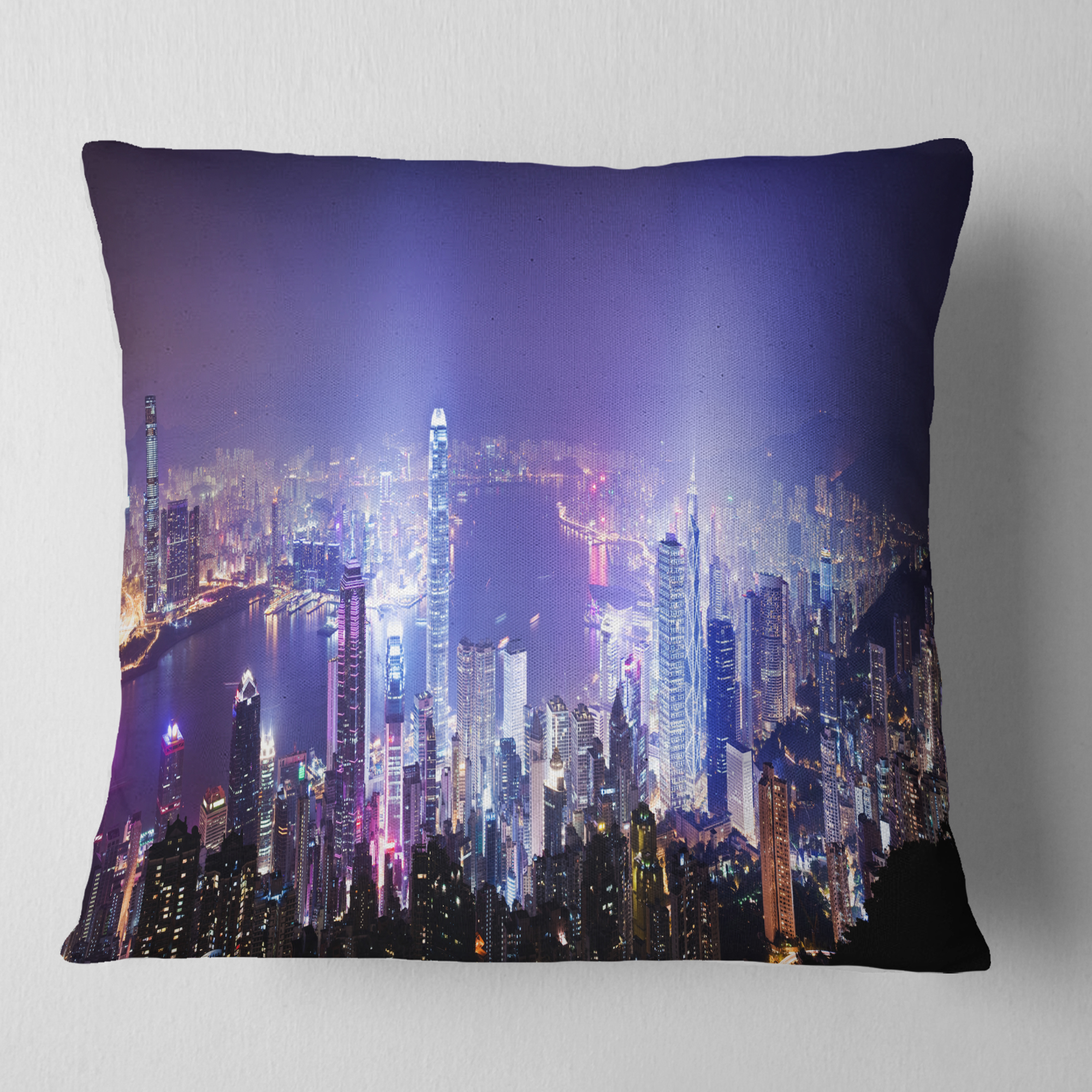 Designart Hong Kong Night City - Cityscape Photo Throw Pillow - 16x16