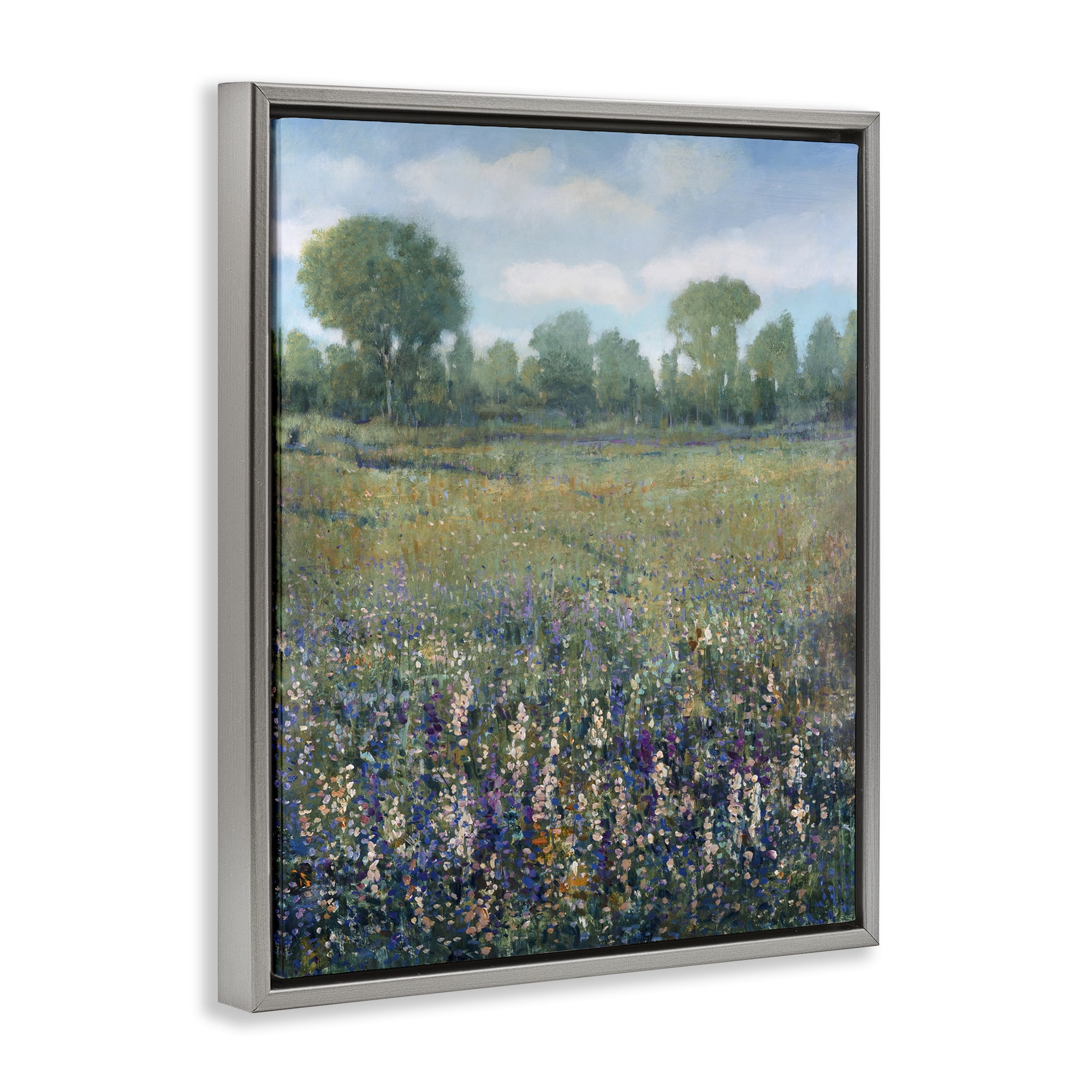 Stupell Industries Lilac & Wildflower Fields Landscape Painting Gray Floater Framed Art Print Wall Art, 25 x 31