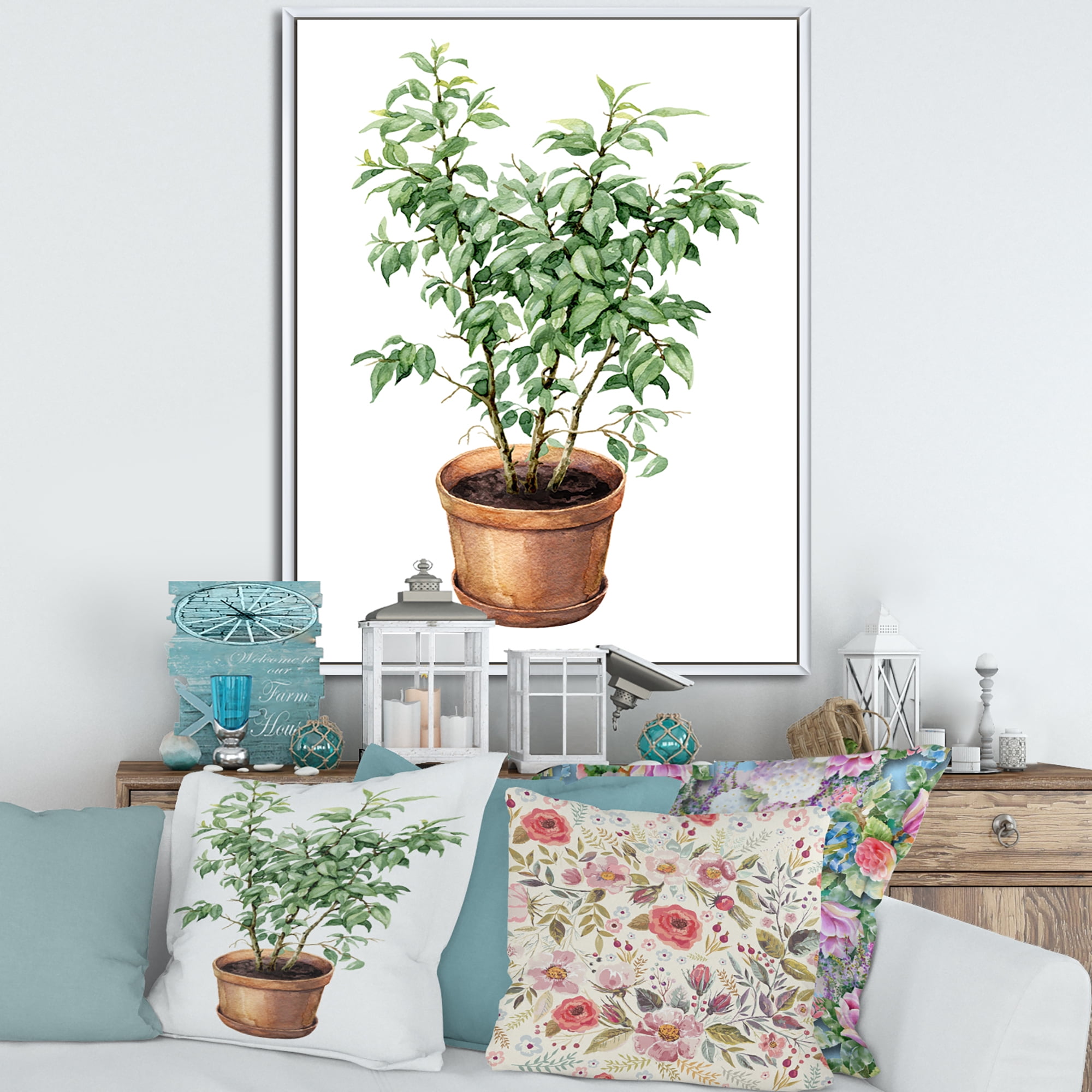 Designart 'Ficus Benjamina Plant In Clay Flowerpot' Traditional Framed Canvas Wall Art Print