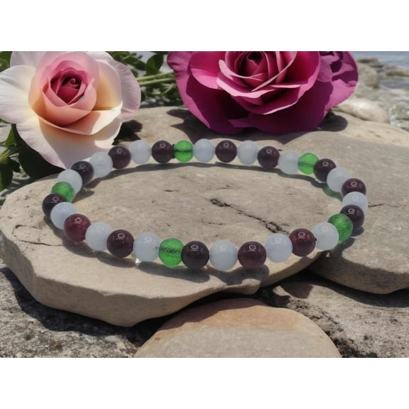 Burgundy Garnet, Moldavite Blue Chalcedony 4mm Stretch Bracelet
