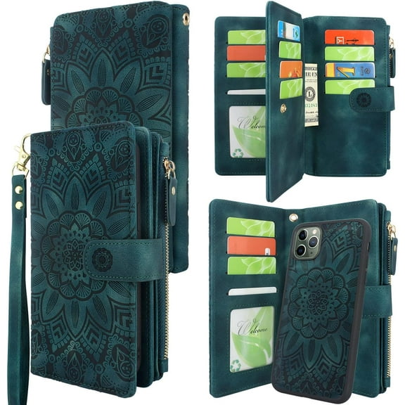 Detachable Magnetic Zipper Wallet Leather Case Cash Pocket with Multi Card Slots Holder Wrist Strap for iPhone 11 Pro Max 6.5 inch 2019 Floral Flower (Teal)