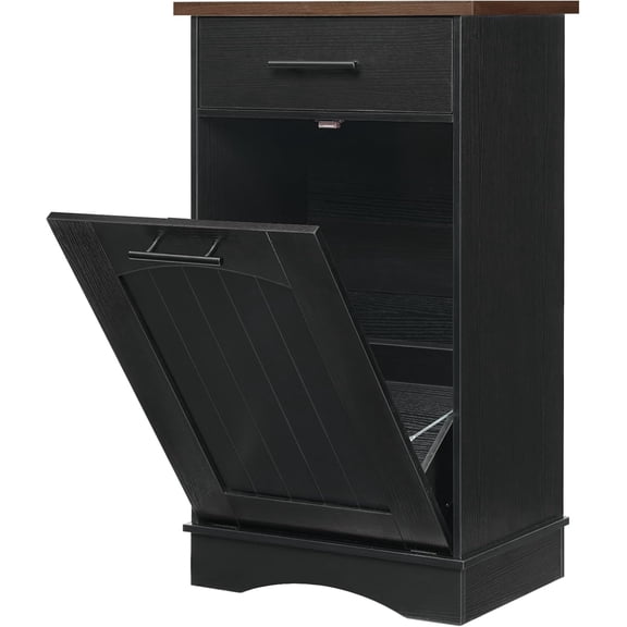 10 Gallon Tilt Out Trash Cabinet, Kitchen Trash Can, Trash Bin Storage, with Flip Door and Large Drawer, Hidden Laundry Hamper Cabinet, for Kitchen, Laundry, Black and Walnut