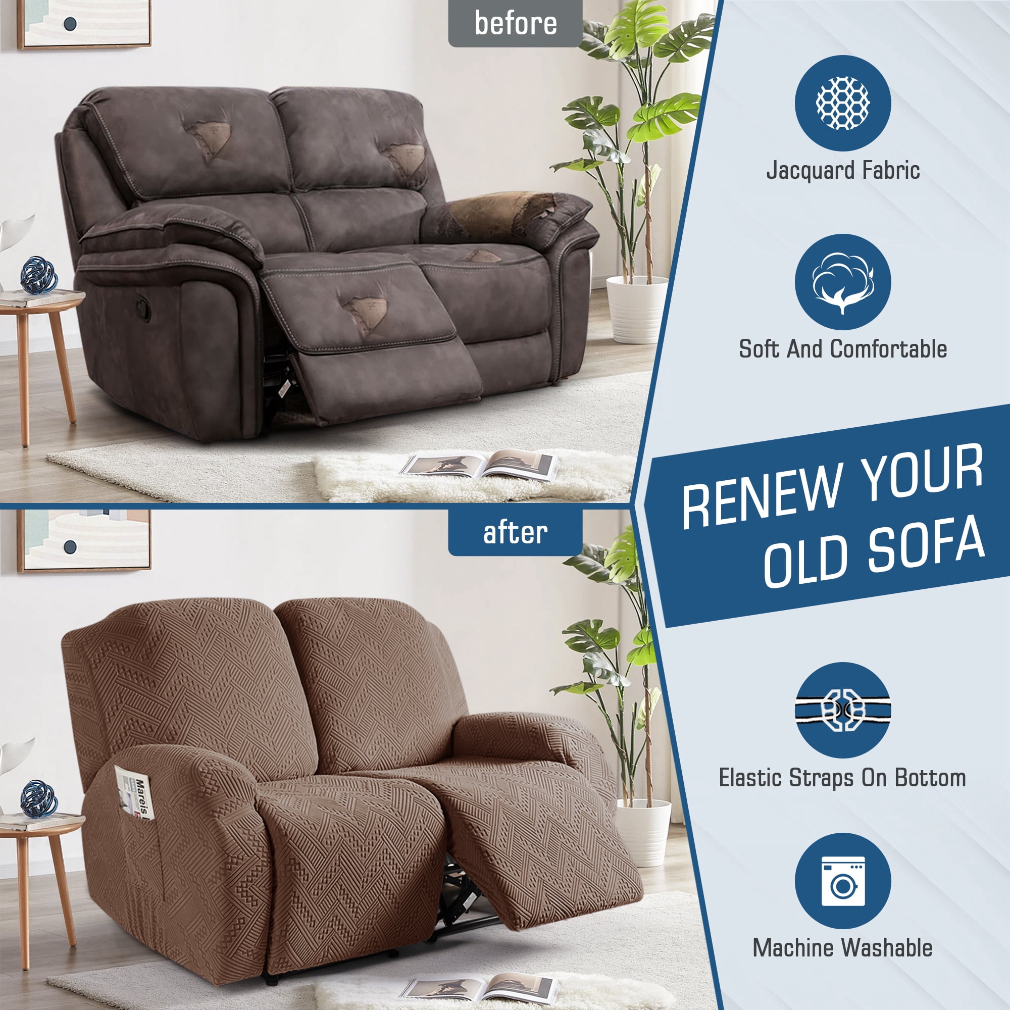 TAOCOCO Recliner Sofa Covers Stretch Reclining Couch Covers 3 Piece Separate Sofa Slipcover with Pockets, Brown