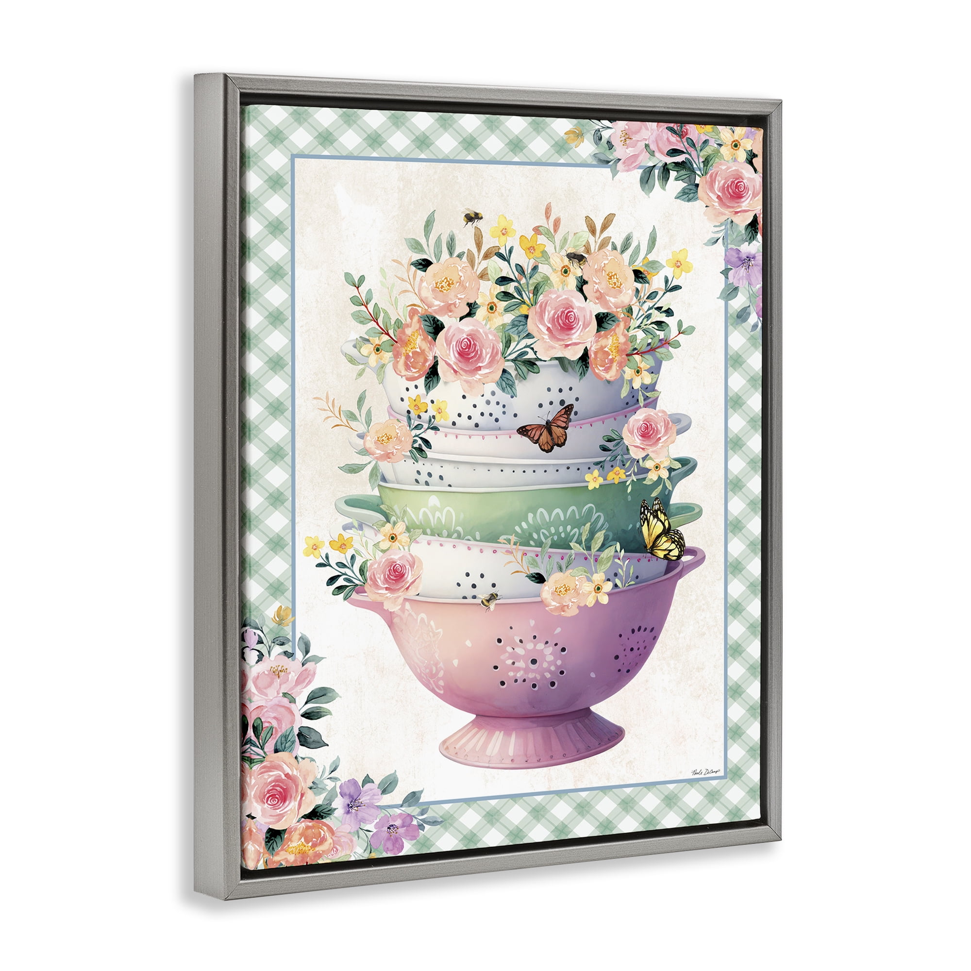 Stupell Industries Stacked Bowls Plaid Border Food & Beverage Painting Gray Floater Framed Canvas Art Print Wall Art, 25 x 31