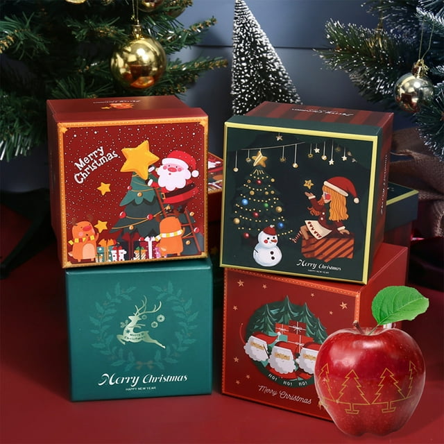 TopLLC Christmas Gift Boxes with Lids, 5x5x5 Inch Small Square Christmas Themed Pattern Gifts Boxes with Matching Handheld Bag, Reusable Xmas Gift Wrap Boxes for Presents Party Wedding Holiday