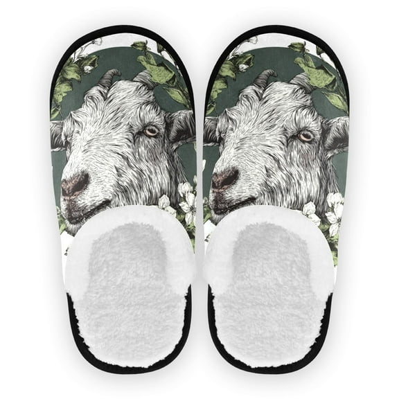 Iauyy Women's Men's Slippers, Non-Slip Travel Unisex Cotton Flannel House Shoes or Spa Slippers ,The Head Of A Goat-a