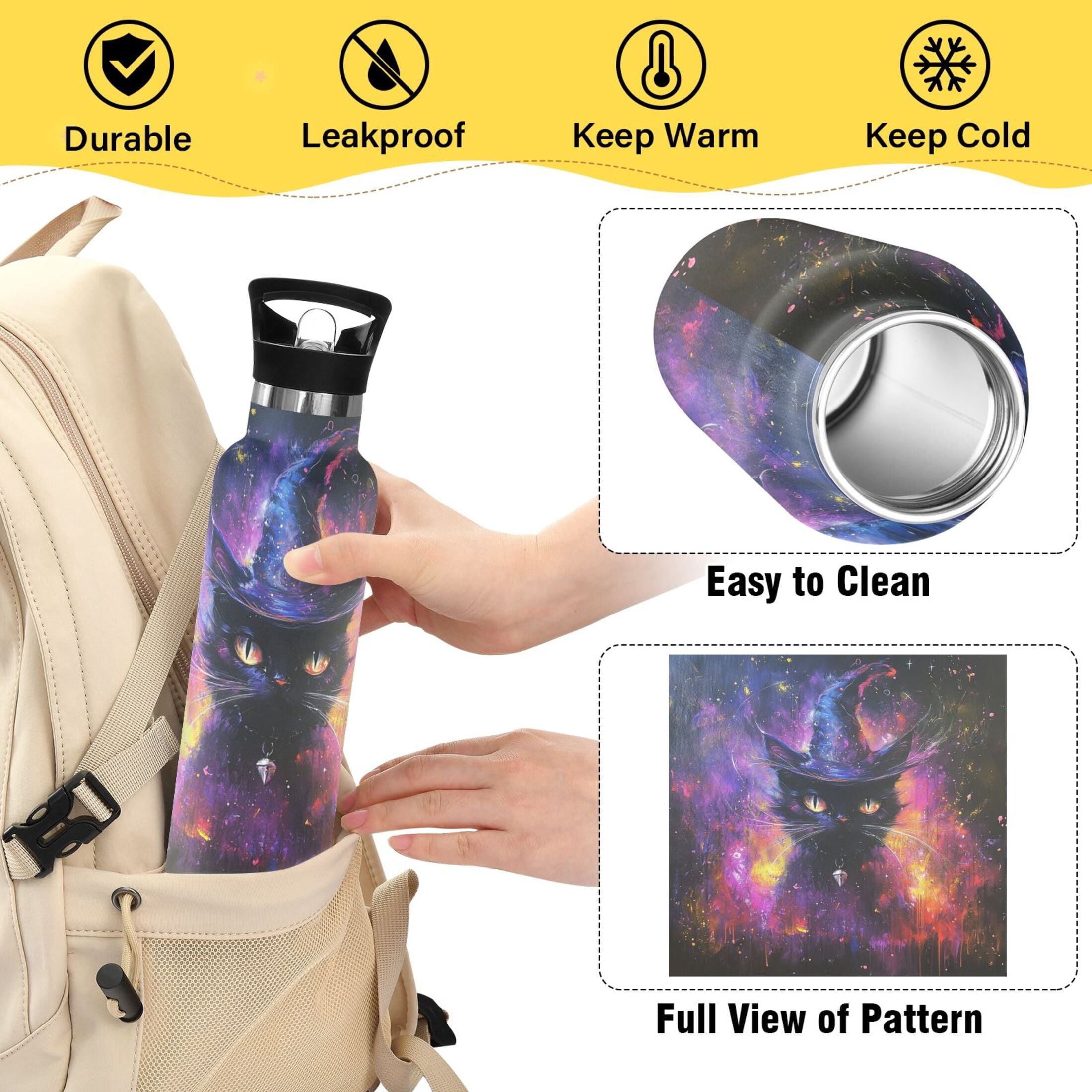 600ML Stainless Steel Insulated Cup Sports Water Bottle Portable Thermos Cup Water Glasses Insulated Tumblers Convenient and Durable Magical and Cute Cat