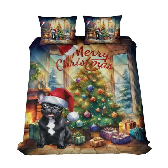 Merry Christmas French Bulldog Santa Hat Xmas Tree Winter Holiday Quilt Bedding Set Dog Lover Gifts 1 Blanket Bed Cover 2 Pillowcases - 01013