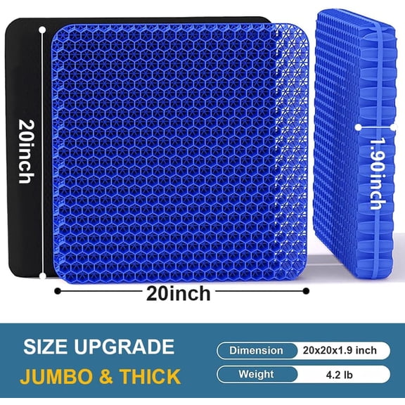 Gel Seat Cushion, Jumbo&Thick Gel Cushion with Non-Slip Cover for Home Office Car Seat Wheelchair, Soft Breathable  Chair Pads for Relieve Hip Pain, Blue 20x20x1.9inch