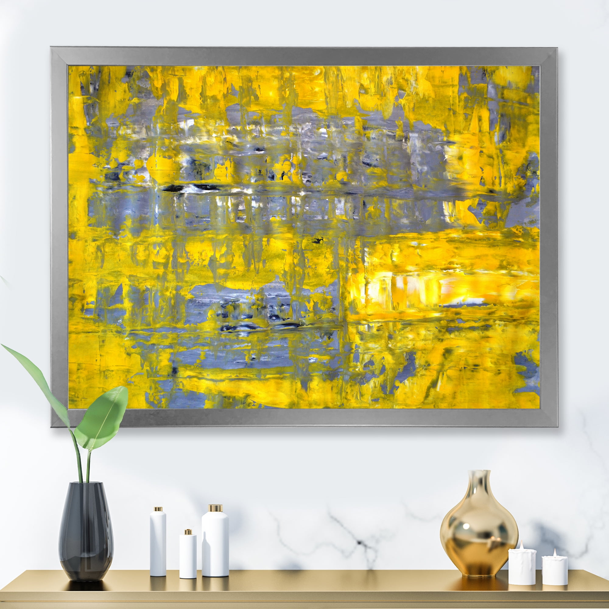 Designart 'Grey Meets Yellow Abstract Art I' Modern Framed Art Print