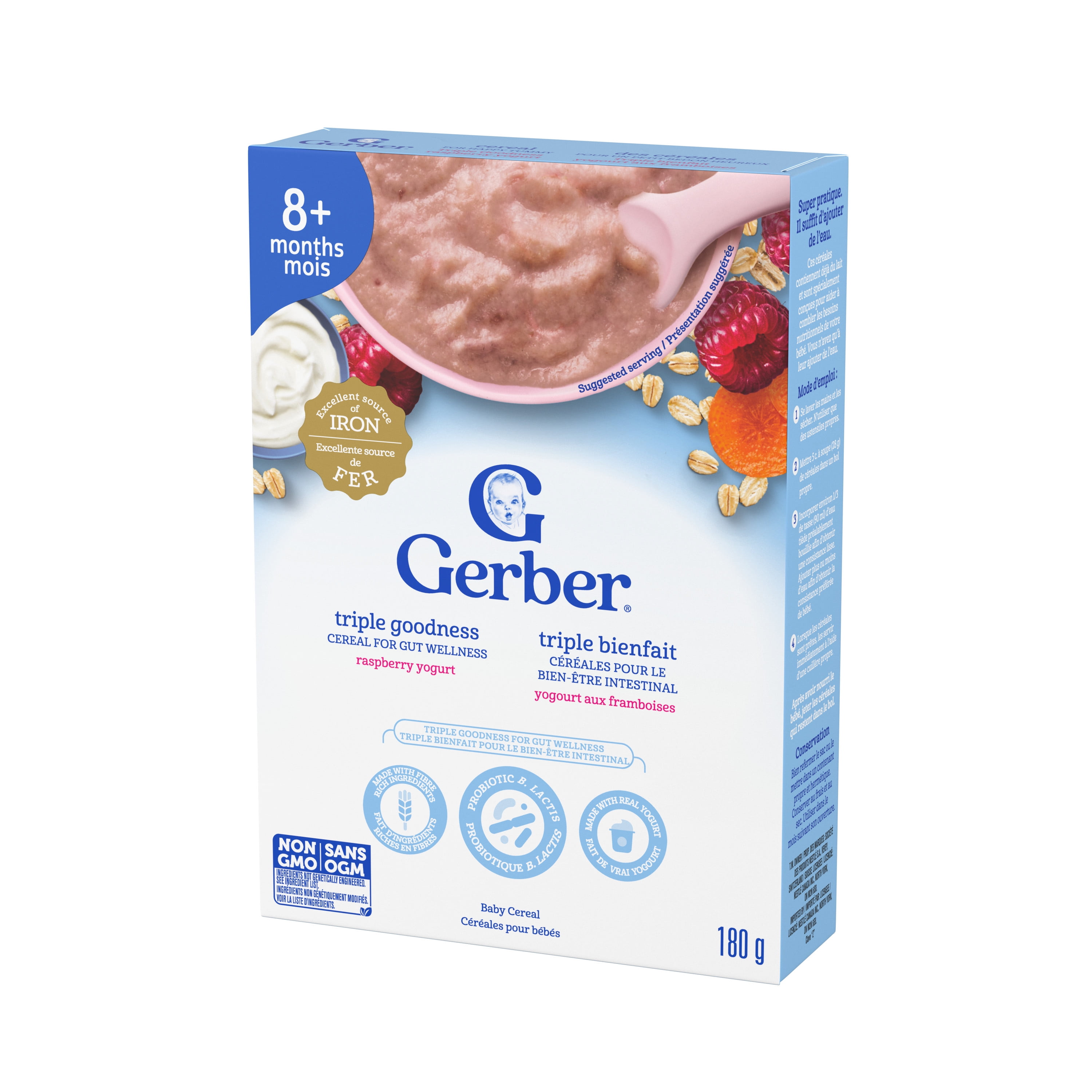 Gerber Céréales pour bébés Triple bienfait Yogourt aux framboises, 8 mois, bien-être intestinal, fibres, probiotique B. lactis, vrai yogourt, vrais fruits et légumes, vitamines B 180 g