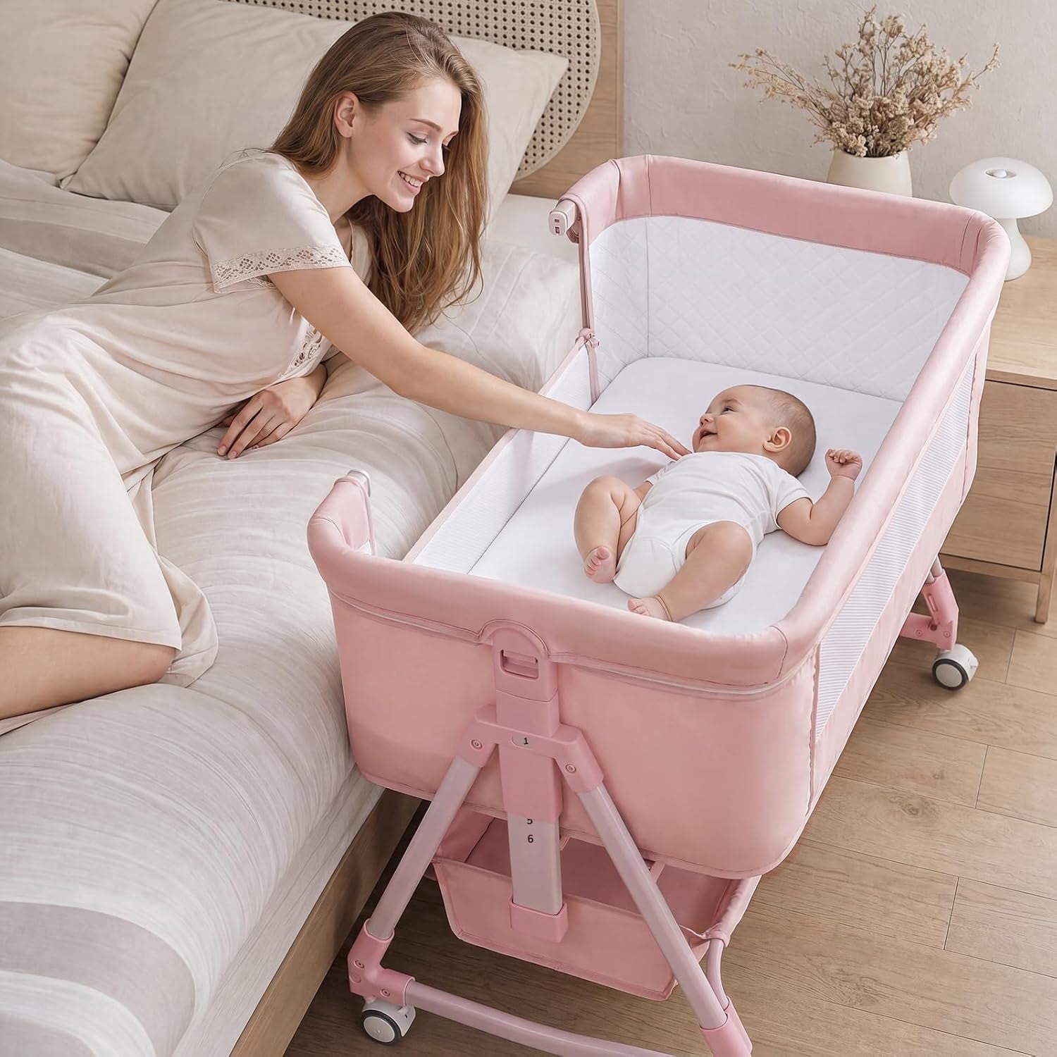 PRVAETU Baby Bassinet,3-in-1 Baby Bassinet Bedside Sleeper with Wheels, Adjustable Easy Folding Portable Rocking Crib for Infant Newborn (Pink)