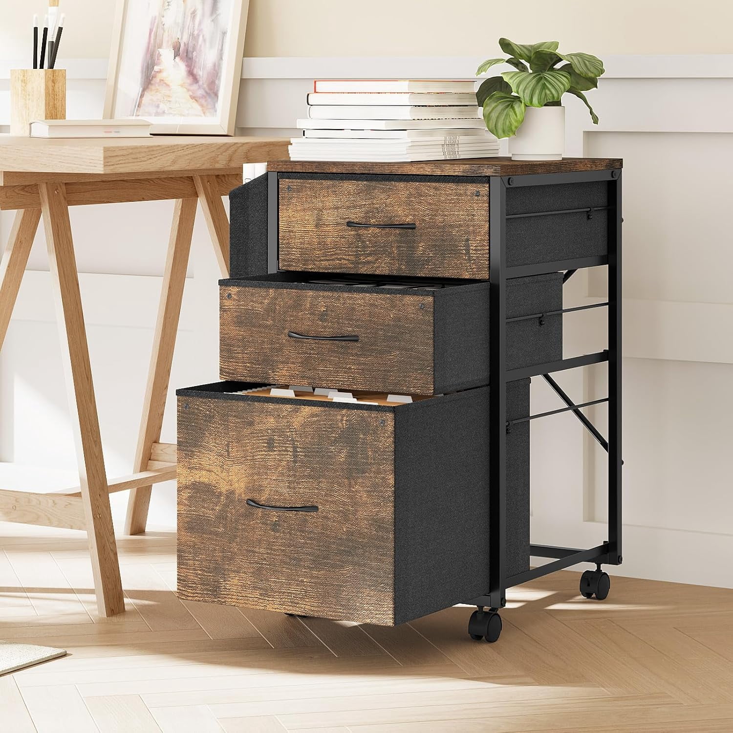 Ktaxon Rolling File Cabinet with Wheels Side Bag, Fabric Drawers Printer Stand for Home Office, Fits Letter Size, Brown