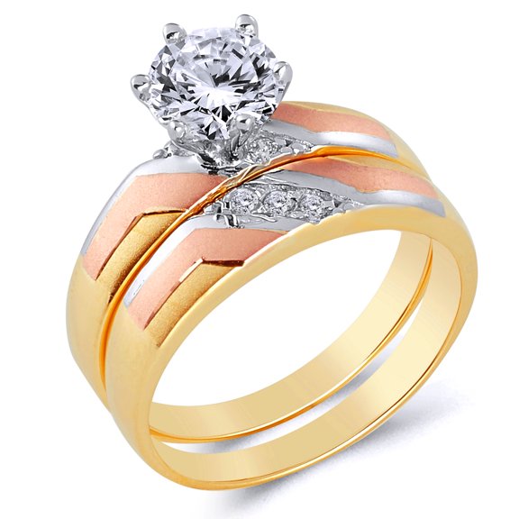 Wellingsale Ladies Solid 14k Tri 3 Color Gold Polished CZ Cubic Zirconia Round Cut Engagement Ring and Wedding Band Bridal Set - Size 4