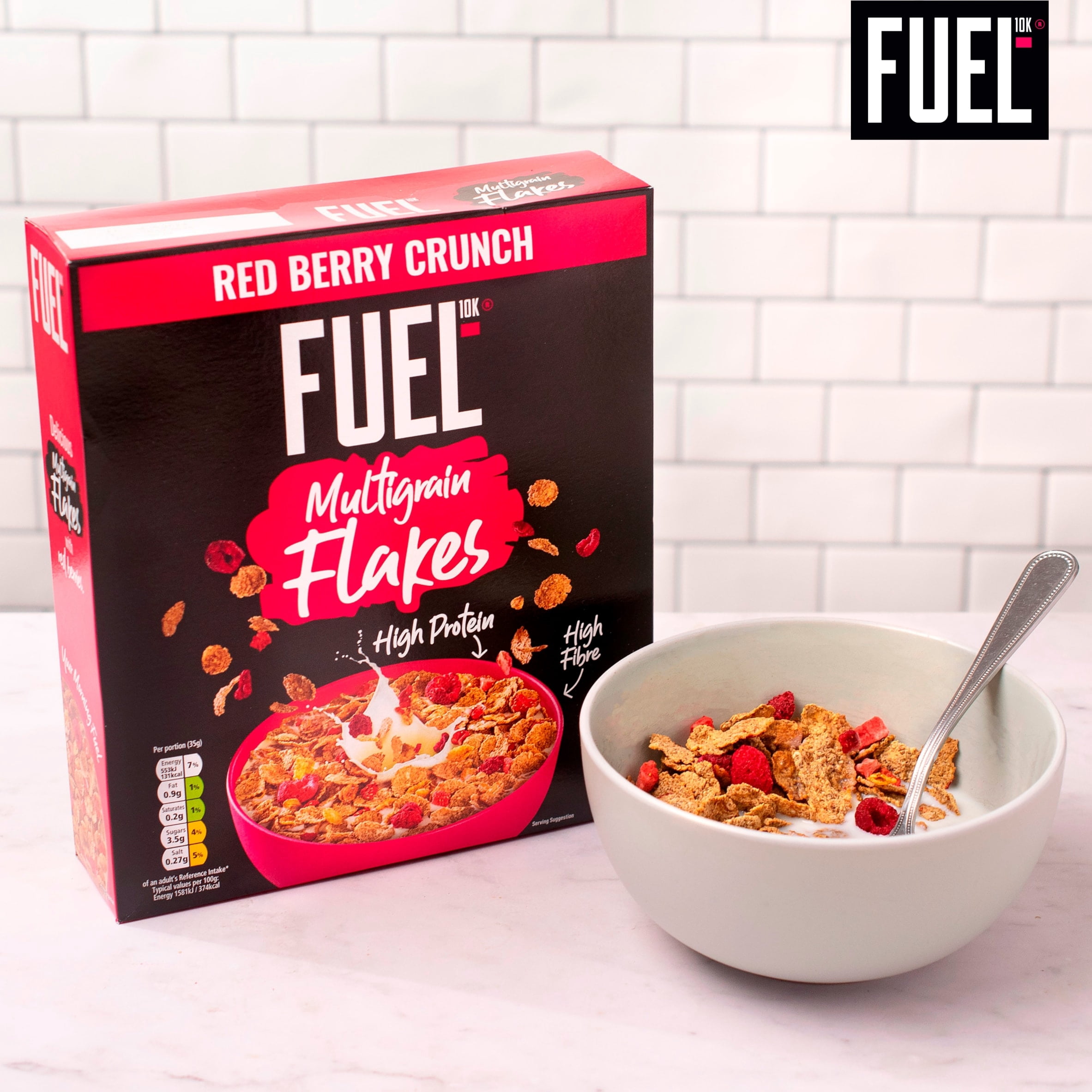 FUEL10K Red Berry Multigrain Flakes High Protein Breakfast Cereal 350g, Imported from Britain
