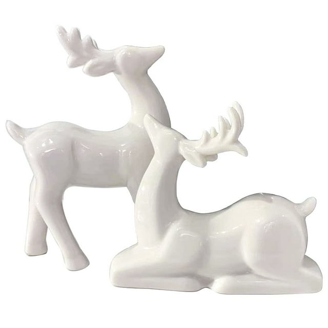 Figuras de renos navideños de porcelana, paquete de 2 mini decoración de renos de animales, estatuas de ciervos, escultura, adornos de mesa para gabinete, estantes de repisa, chimenea, detalles decora