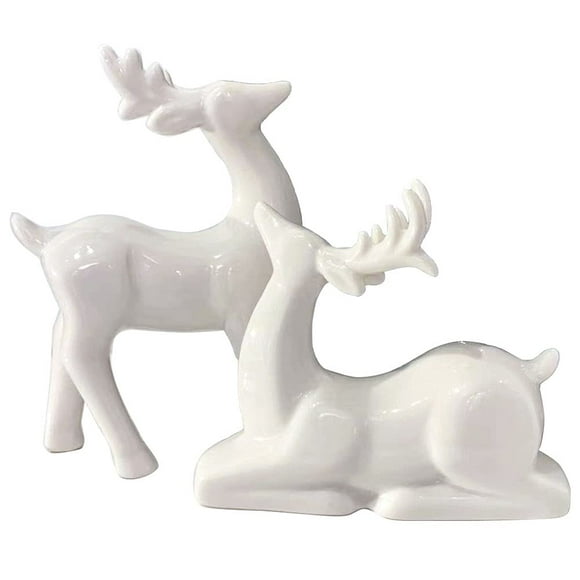 Figuras de renos navideños de porcelana, paquete de 2 mini decoración de renos de animales, estatuas de ciervos, escultura, adornos de mesa para gabinete, estantes de repisa, chimenea, detalles decora