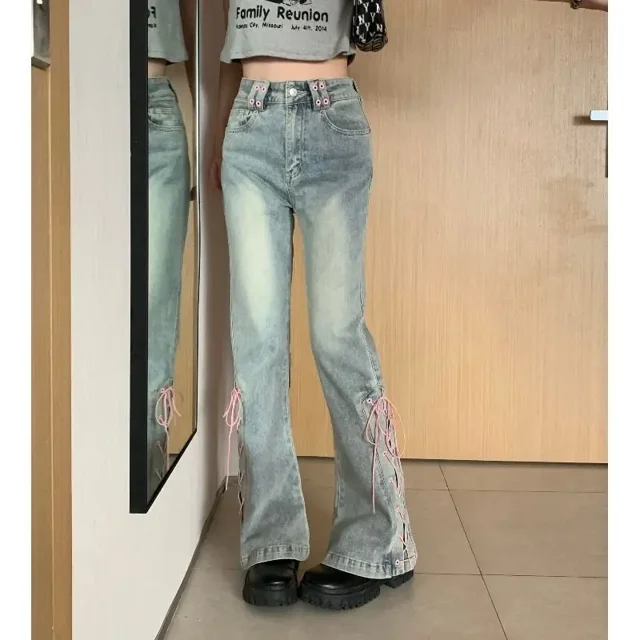 Pantalones vaqueros de vendaje para mujer, ropa de calle de cintura alta, pantalones acampanados Y2k, pierna ancha, cremallera, Mosca, hasta el tobillo, estilo Preppy