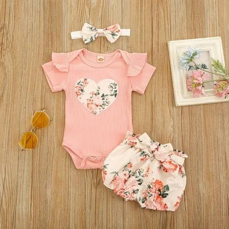 

0-24 Months Short Sleeve Girl Pit Striped Romper Casual Suit 3pcs Floral Shorts