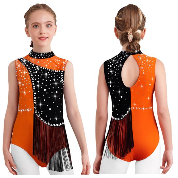 iixpin Girls Gymnastics Dance Leotard Athletic Bodysuit Tassel Figure Skating Stage Performance Jumpsuit Orange 6