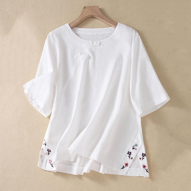 Fiudx Liquidación de Ahorros de Verano Top de Manga Corta con Abertura Lateral y Botones para Mujer, Informal, Holgado, Bordado, con Cuello Redondo