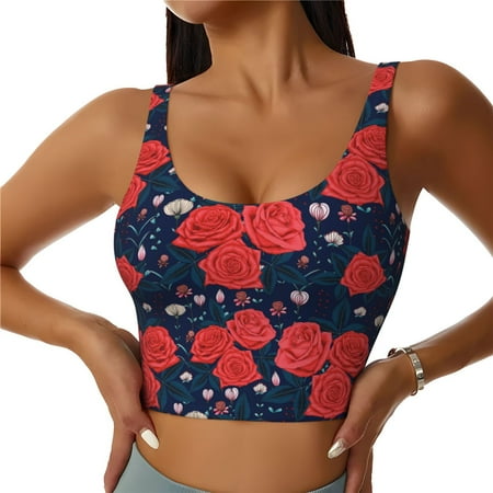 Jgfou Rose Flower Print Womens Sports Bra - Padded Workout Sports Bras Crop Tank Top