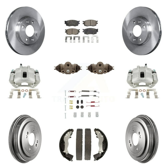 Transit Auto Front Rear Disc Brake Caliper Rotors Drums Ceramic Pads Shoes Wheel Cylinders and Hardware Kit (11Pc) for Car Hyundai Accent Kia Rio Rio5 KC8-100934T