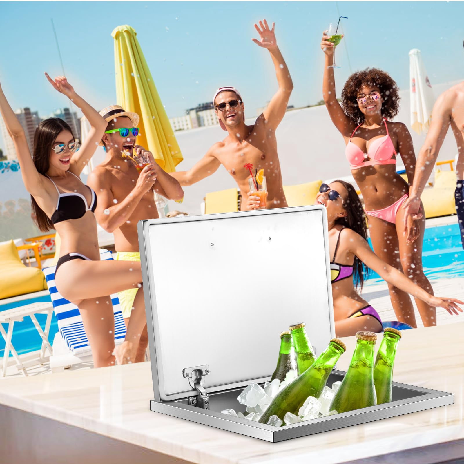 Luku Drop in Ice Chest, Stainless Steel Commercial Ice Bin with Hinged Cover, Outdoor Kitchen Ice Bar for Drinks