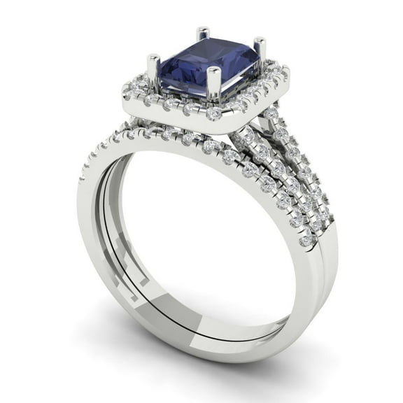 1.57ct Brilliant Emerald Cut Blue Sapphire 18K White Gold Halo Solitaire with Accents Engagement Bridal Wedding Ring Band Set size 3.5
