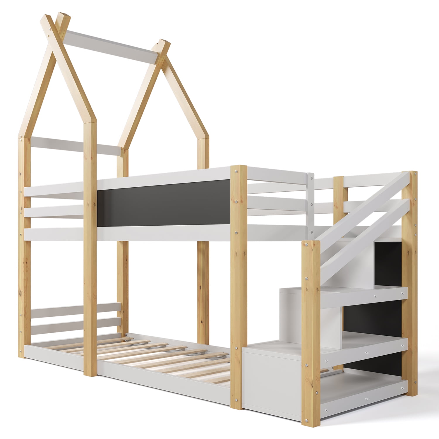 Spaco Bunk Bed Frame with Storage Stairs, House Bunk Bed Twin Over Twin for Boys Girls, Kids, White and Natural Spaco Bunk Bed Frame with Storage Stairs, House Bunk Bed Twin Over Twin for Boys Girls, Kids, White and Natural