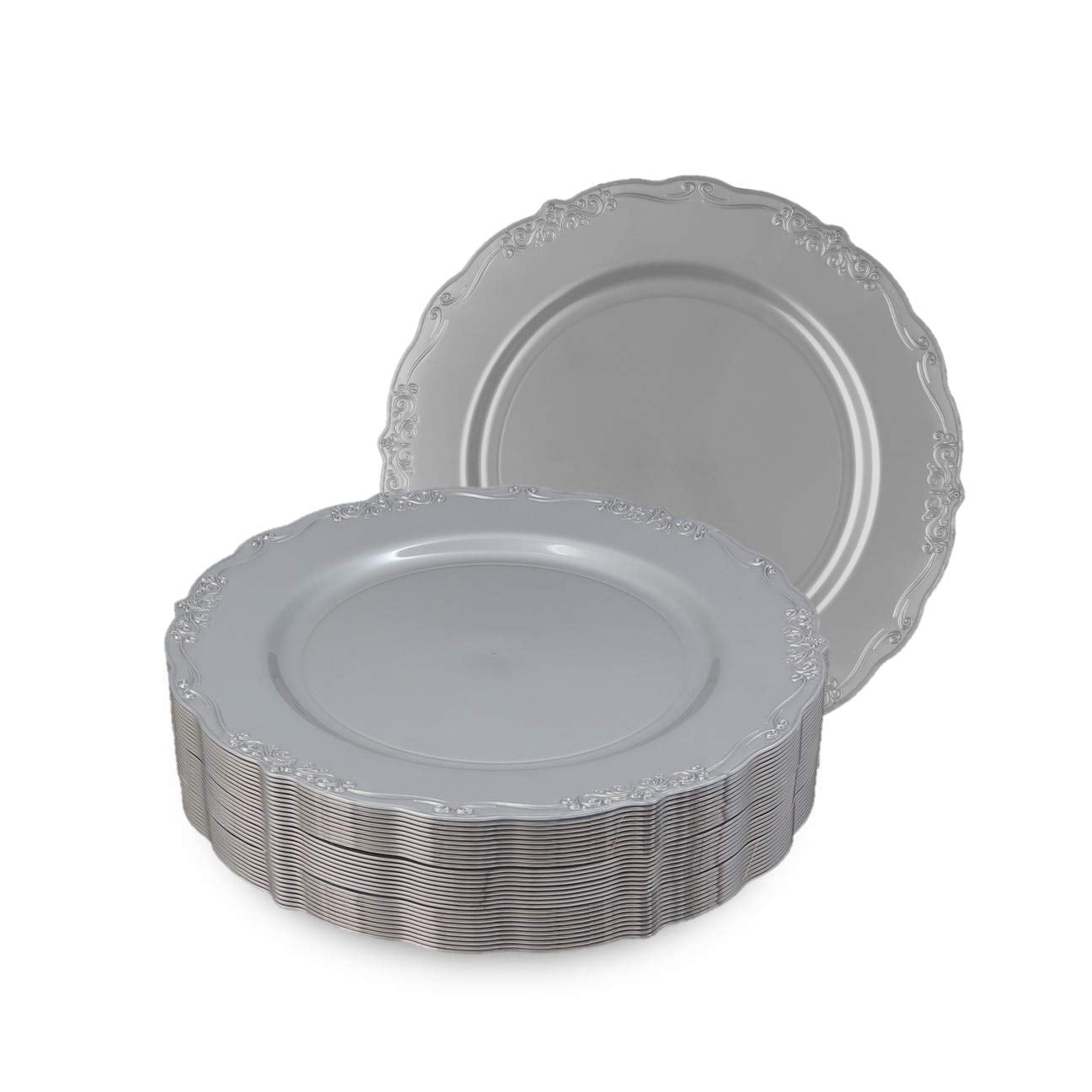Disposable Silver Salad Plates, Vintage Party Plates, 120 Pack 7.25