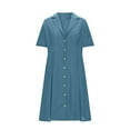 thumbnail image 4 of Ashirexll Womens Summer Dresses, Flowy Dresses for Women, Linen Look Solid Color Turn Down Collar Short Sleeve Button Dress, 4 of 6