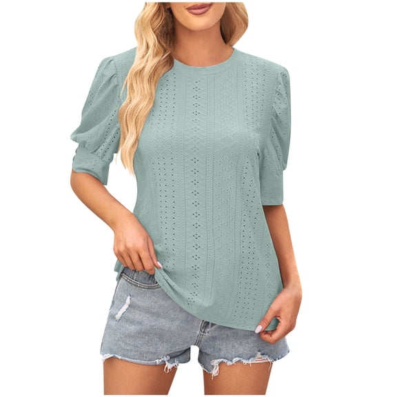 Womens Tops Casual Crew Neck Eyelet Button Short Puffed Sleeve T-Shirts Ladies Solid Color Basic Loose Pullover Hollow Lightweight Blouses Top