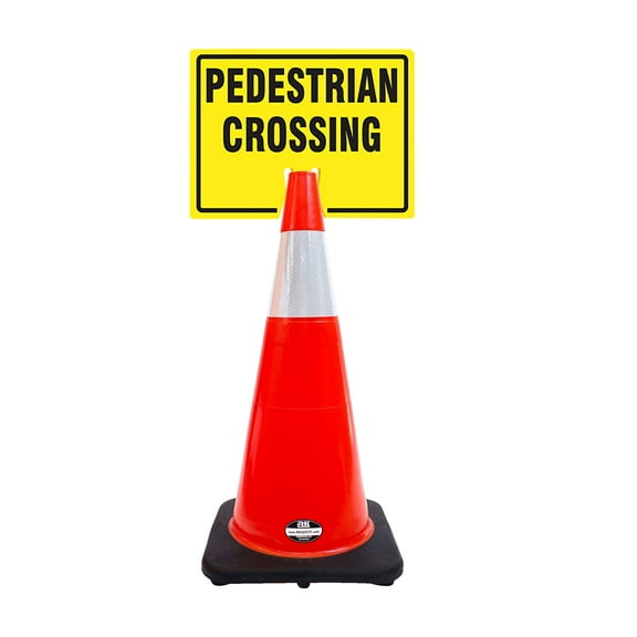 RK-Safety 28" Orange Cone, Black base With One 6" Reflective Tape, Plus Cone Sign 39 "pedestrian Crossing", (Cone-4 ea Cone Sign-4 ea)