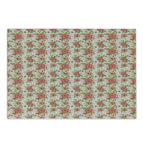 Floral Cutting Board, Illustration of Continuous Romantic Pattern with Spring Flowers, Decorative Tempered Glass Cutting and Serving Board, in 3 Sizes, by Ambesonne