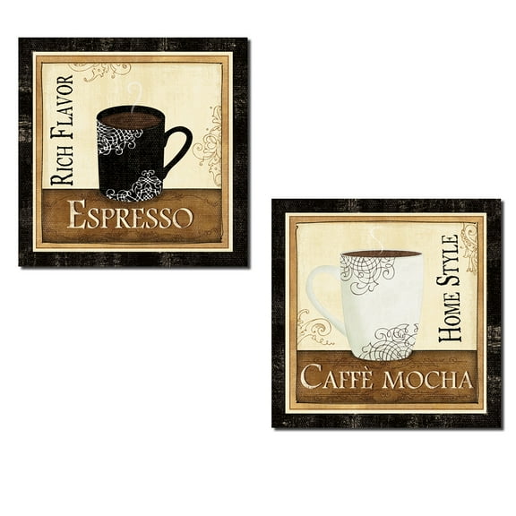 Black and Brown Espresso and Cafe Mocha Coffee Adult Kitchen Decor; 2 - 12" x 12" Unframed Posters