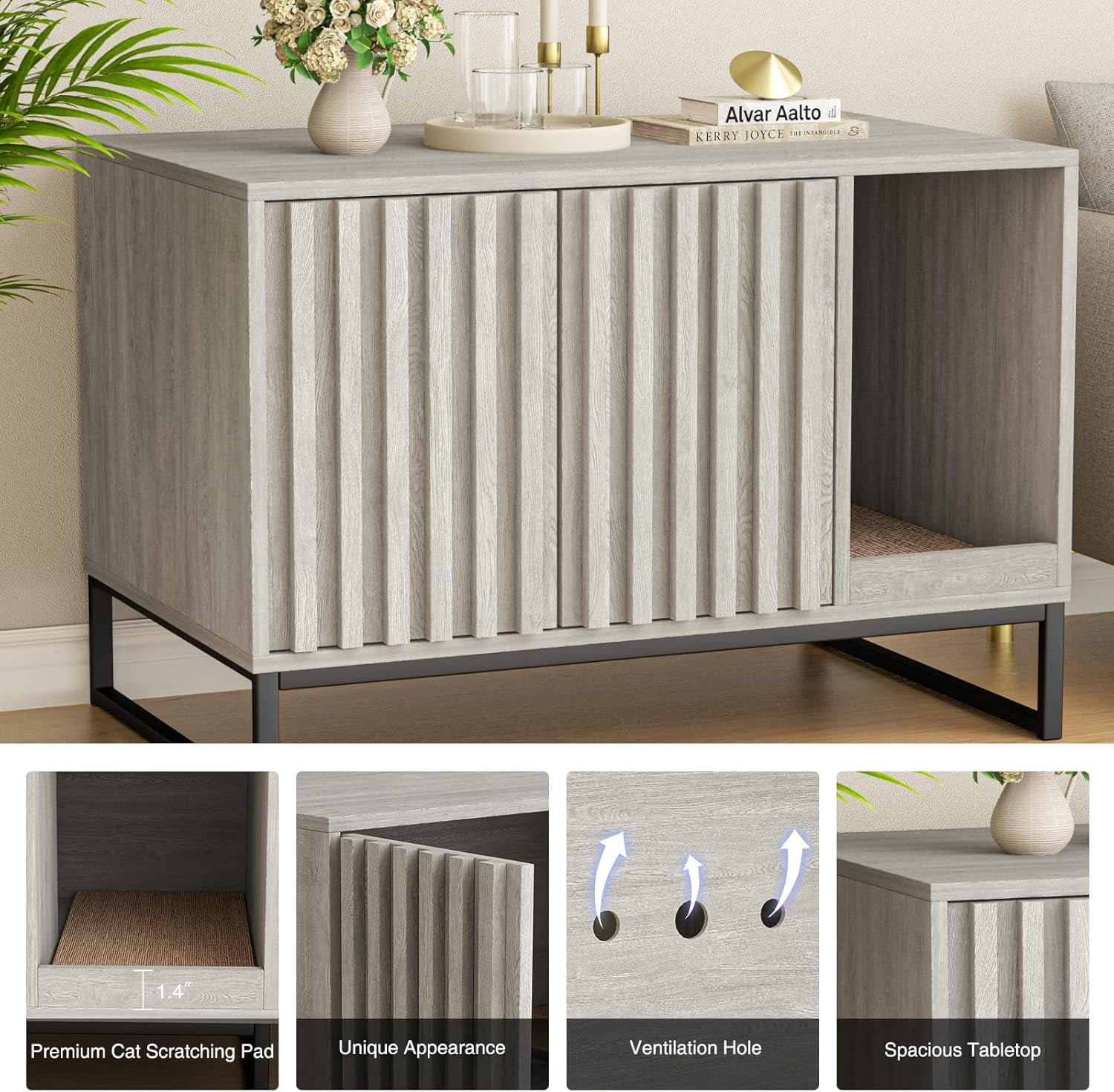 Vabches Hidden Cat Litter Box Enclosure Furniture, Multi-Functional Cat Washroom Bench with Cat Scratching Pad and Fluted Doors