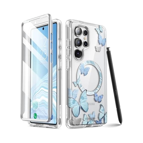 Saluqifa Cosmo for Samsung Galaxy S25 Ultra Case MagSafe with Built-in Screen Protector [Support Fingerprint ID & Wireless Charger] Full-Body Slim Style Magnetic Phone Case for S25 Ultra, BlueFly