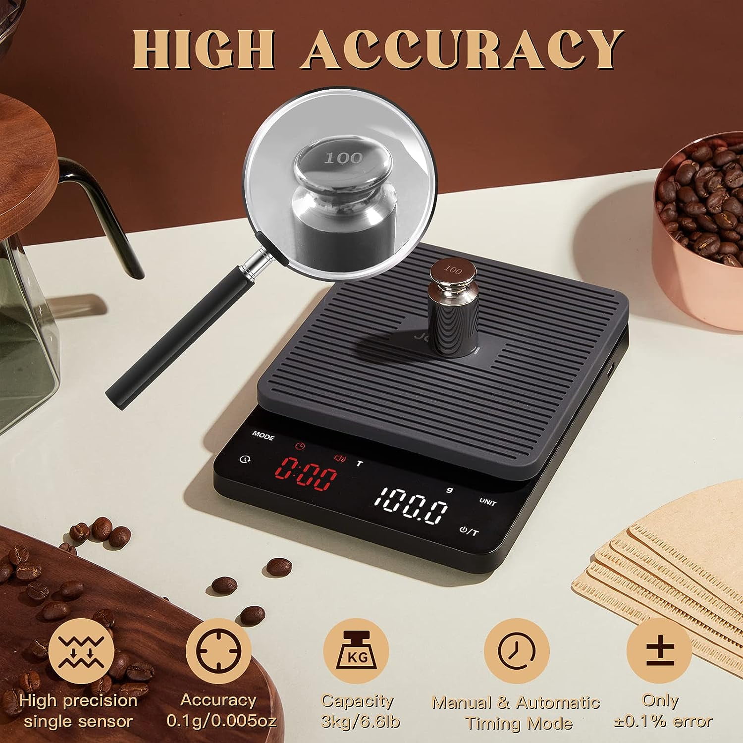 Mini Coffee Scale With Timer - Rechargeable 2kg/0.1g Precision Scale For Espresso & Pour-Over, Black