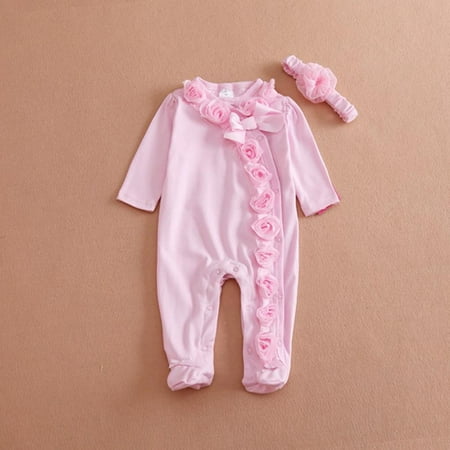 

Princess Style Newborn Baby Girl Long Sleeve Covered Romper + Headband 2 Piece Cute Baby Girl Romper