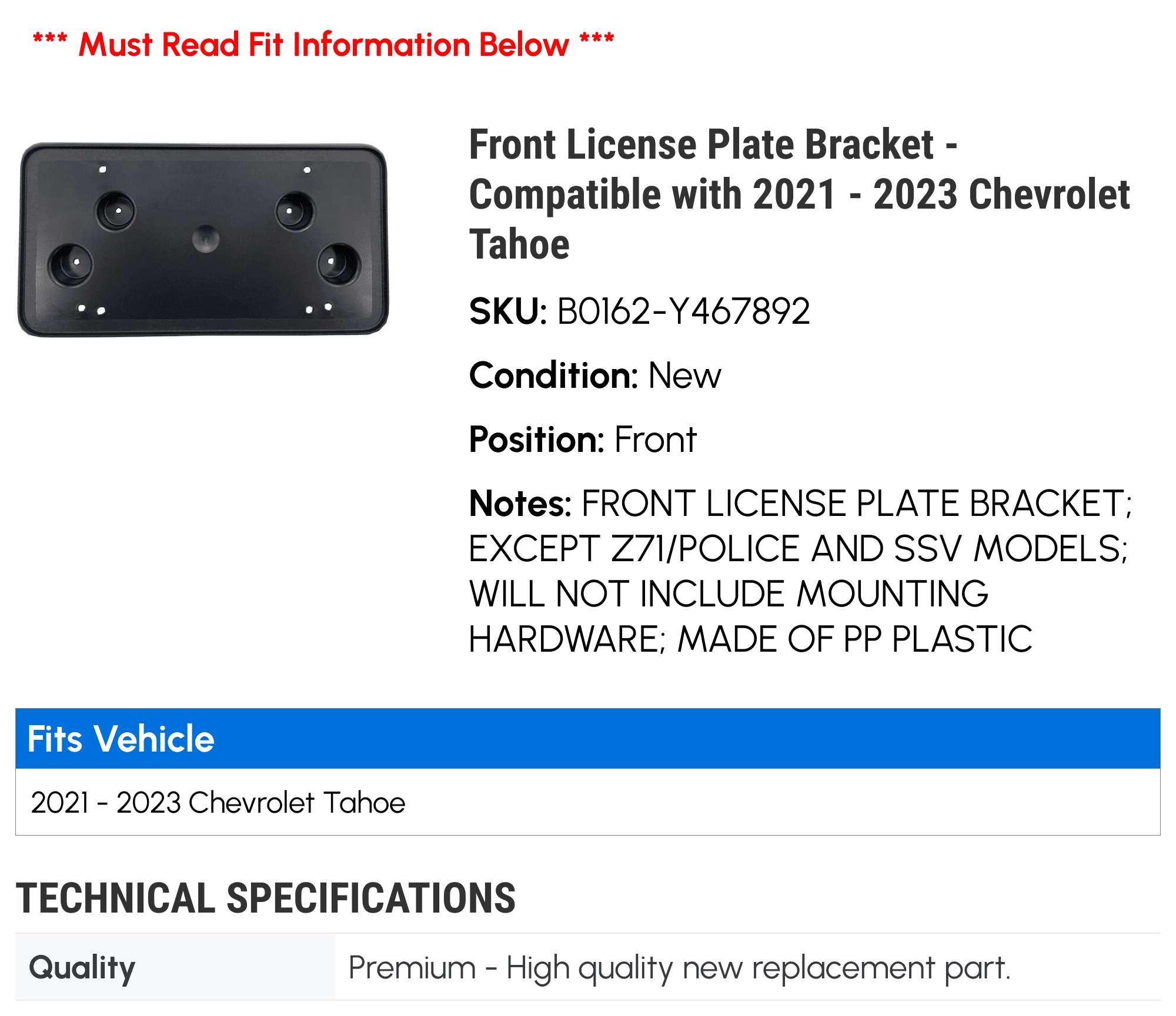 2022 Chevy Tahoe License Plate Brackets & Hardware