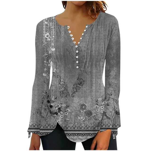 Pompotops Mode Décontractée pour Femmes Col Rond Manches Longues Bouton Imprimé Haut Blouse en Solde