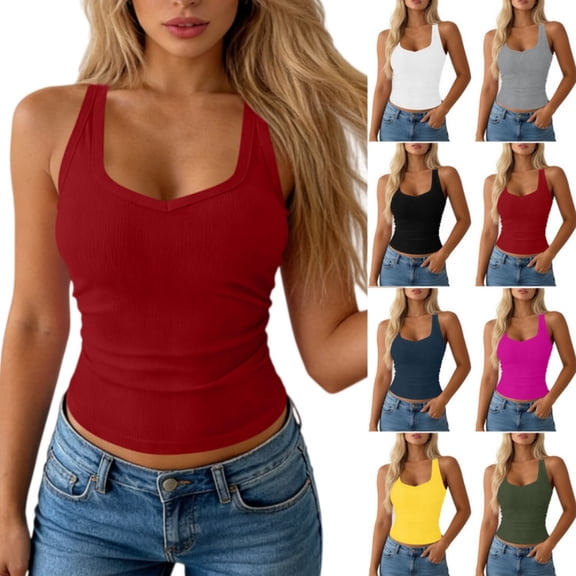Byworldtasic Women's Summer Sleeveless Casual Camisole Shirt Slim Knit Ribbed Tank Tops Crop Tight Fit Basic Tank Tops