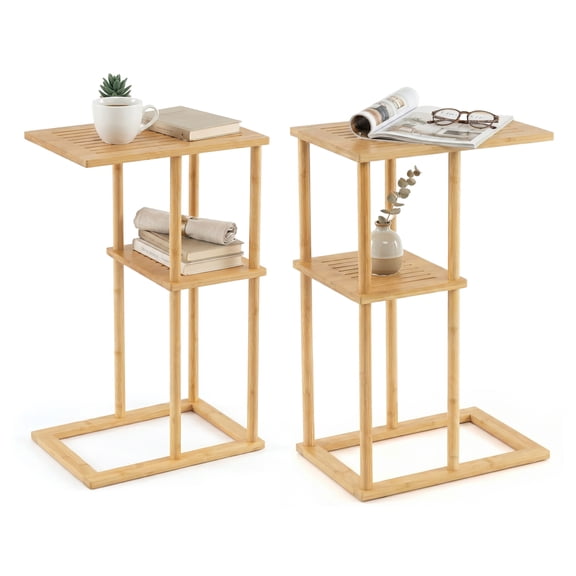 ELLEGNT Bamboo Side Table Set of 2 – End Tables with Storage Shelves for Living Room