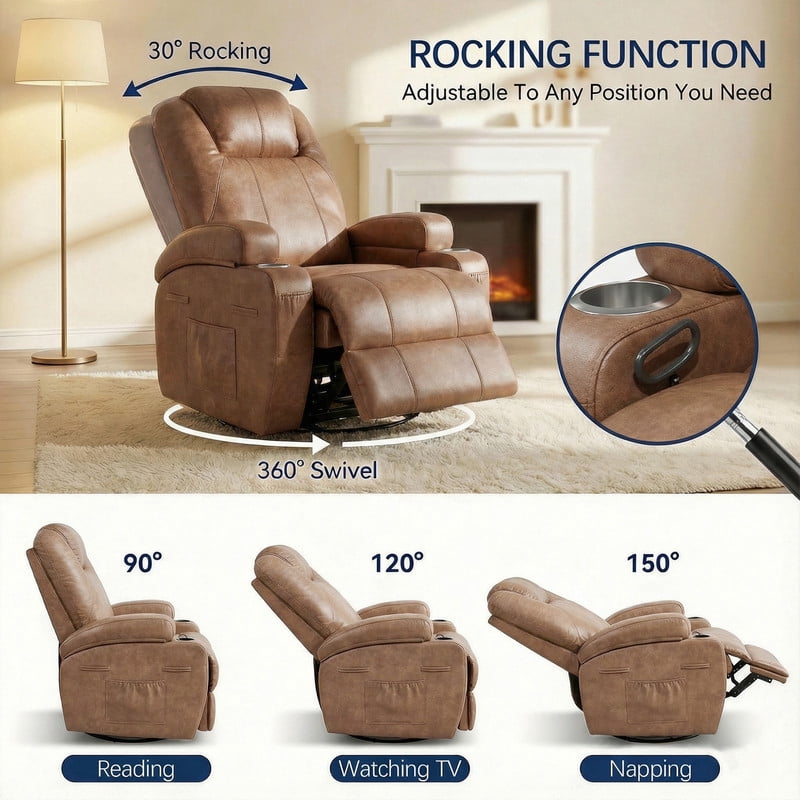 Homall 360° Swivel Rocking Recliner Massage Oversized Singal Sofa For Living Room Ergonomic High Backrest and Adjustable Recliner,PU Brown