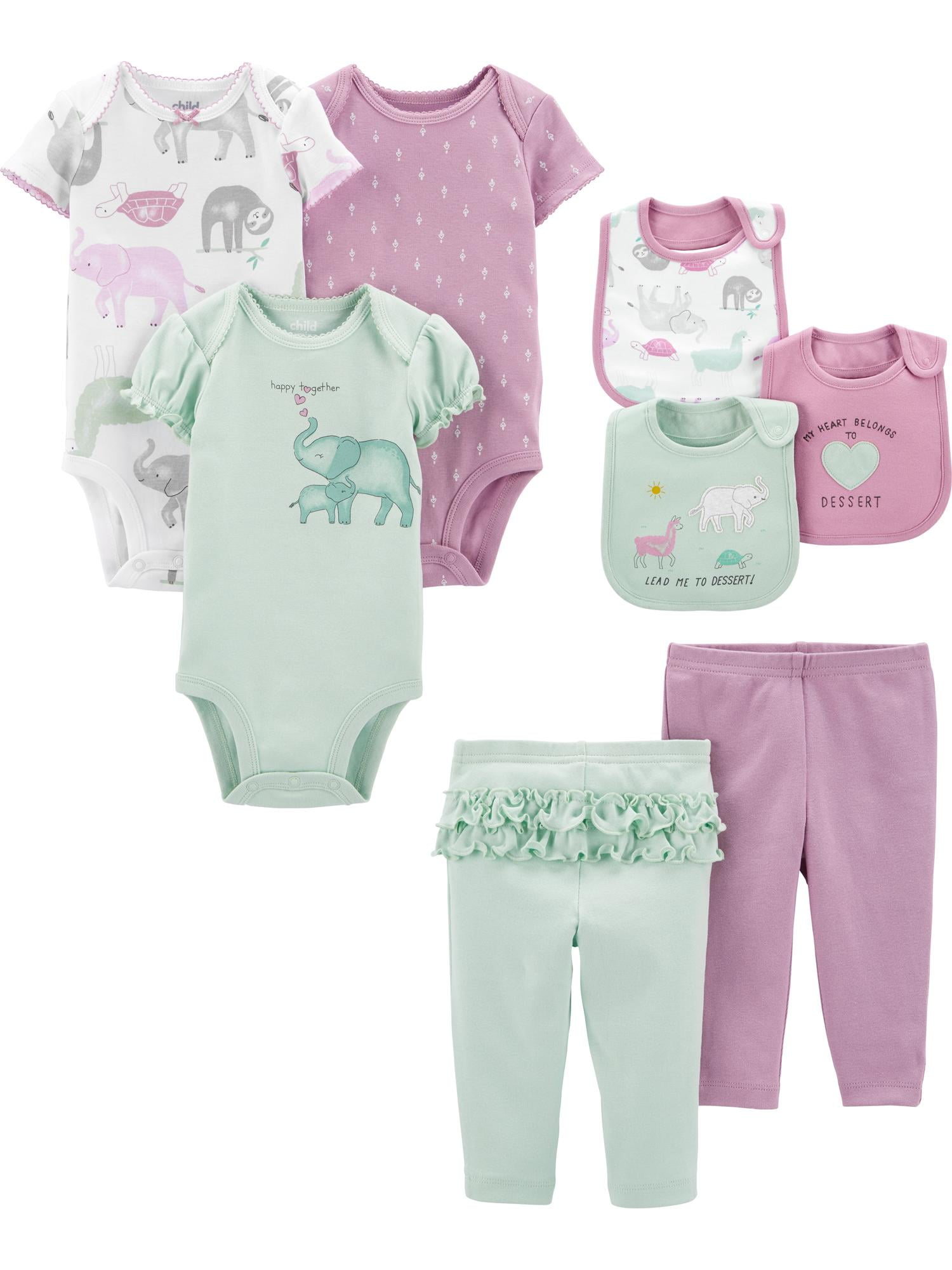 Carter's Child of Mine Baby Girls Short Sleeve Bodysuits, Pants, & Bibs Set, 8-Piece, Preemie-24 Months