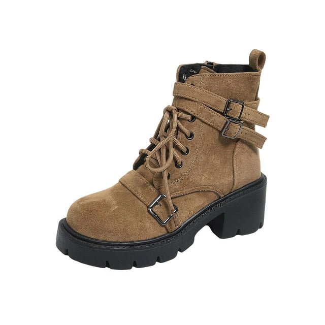 Bottes d'Hiver pour Femmes Bottines Décontractées Bottines Courtes Polyvalentes à Lacets Talon Épais Bottines à Talon Moyen