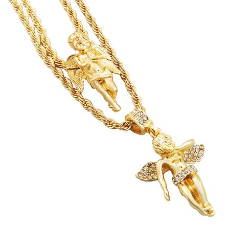 - Gold-Tone Men's Iced Out Hip Hop Bling 2 Piece Pendant Cherub Angel and Wide Wing Angel 4mm Rope Chain Set